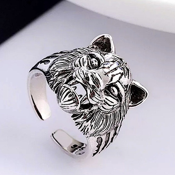 STERLING SILVER LION TIGER HEAD PUNK VIKING RING - Picture 4 of 6